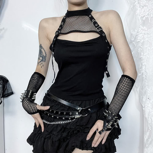 Gothic Fishnet Halter Crop Top And Gloves Set - Vedlit