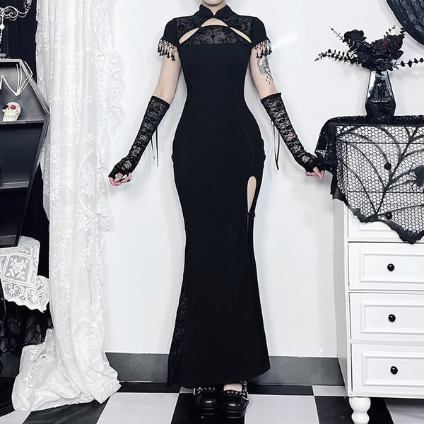 Gothic Fitted Cheongsam Slit Maxi Dress - Vedlit