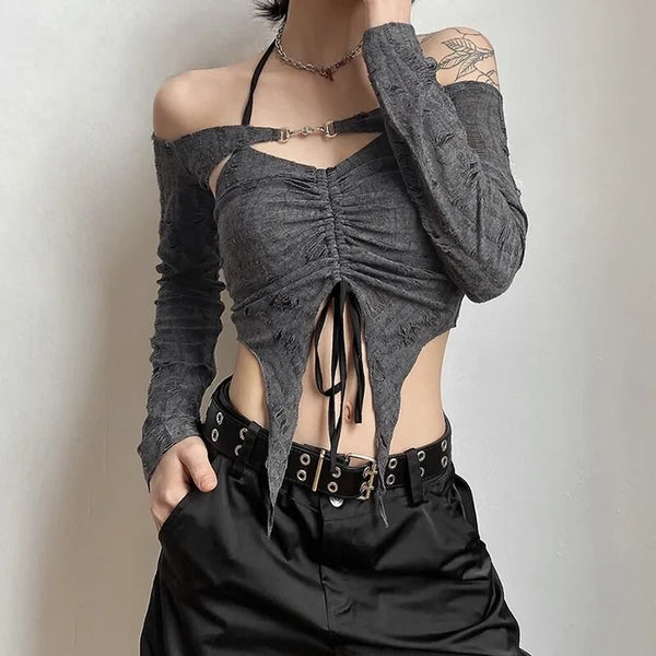 Gothic Gray Halter Crop Top And Off Shoulder Shrug Set - Vedlit