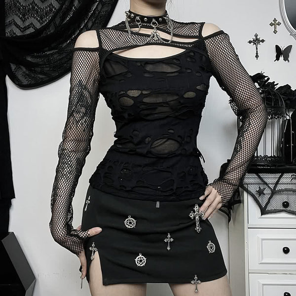 Gothic Grunge Distressed Fishnet Mesh Top - Vedlit