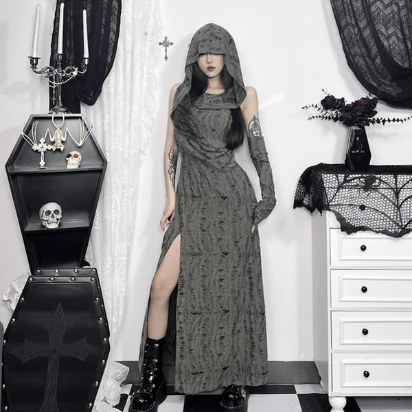 Gothic Grunge Distressed Hooded Slit Maxi Dress - Vedlit