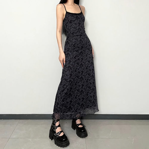 Gothic Grunge Floral Mesh Overlay Maxi Dress - Vedlit