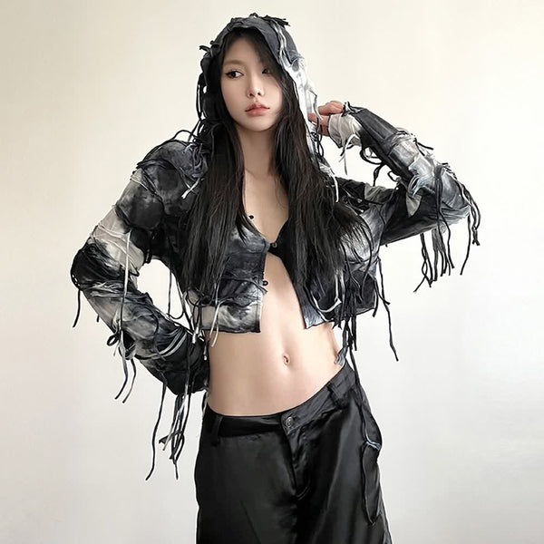 Gothic Grunge Fringe Long Sleeve Hooded Crop Top - Vedlit