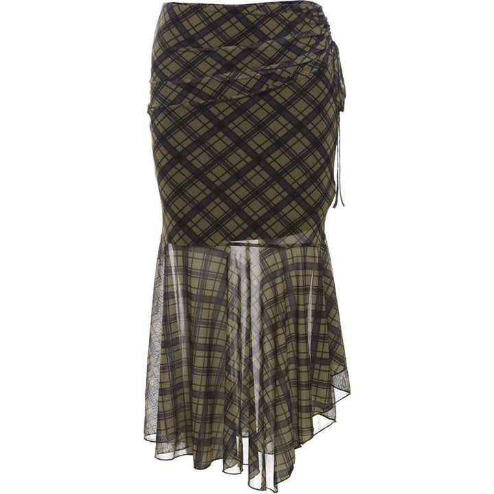 Gothic Grunge Plaid Asymmetrical Midi Skirt - Vedlit