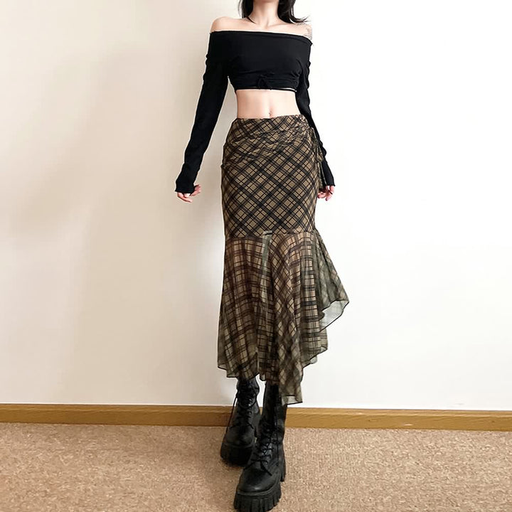 Gothic Grunge Plaid Asymmetrical Midi Skirt - Vedlit