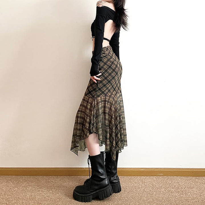 Gothic Grunge Plaid Asymmetrical Midi Skirt - Vedlit