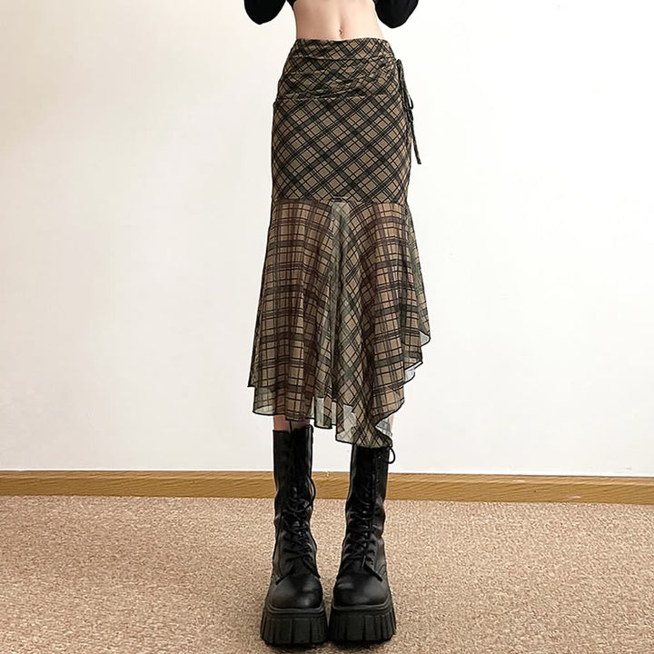 Gothic Grunge Plaid Asymmetrical Midi Skirt - Vedlit