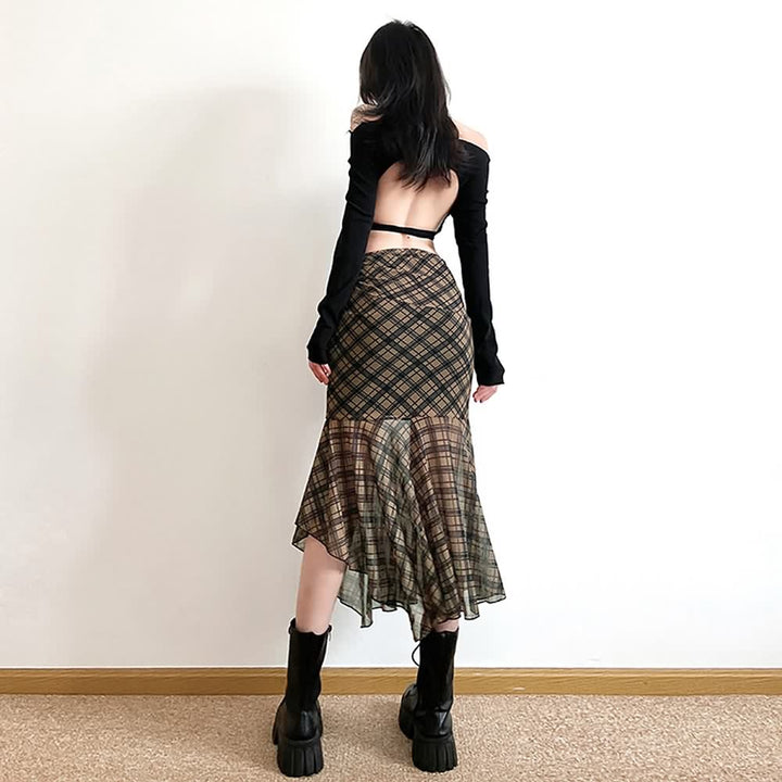 Gothic Grunge Plaid Asymmetrical Midi Skirt - Vedlit