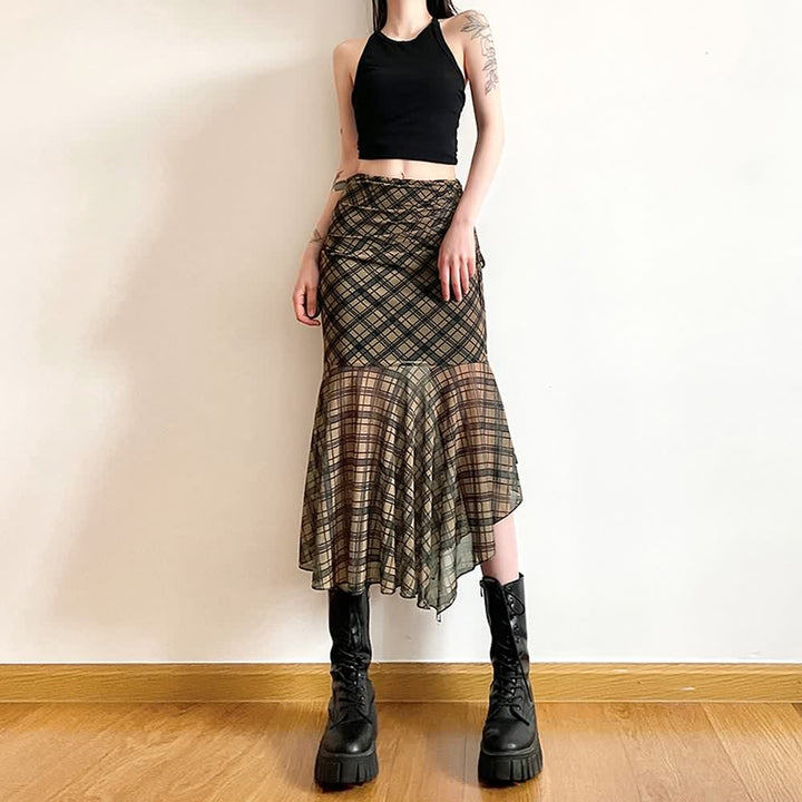 Gothic Grunge Plaid Asymmetrical Midi Skirt - Vedlit