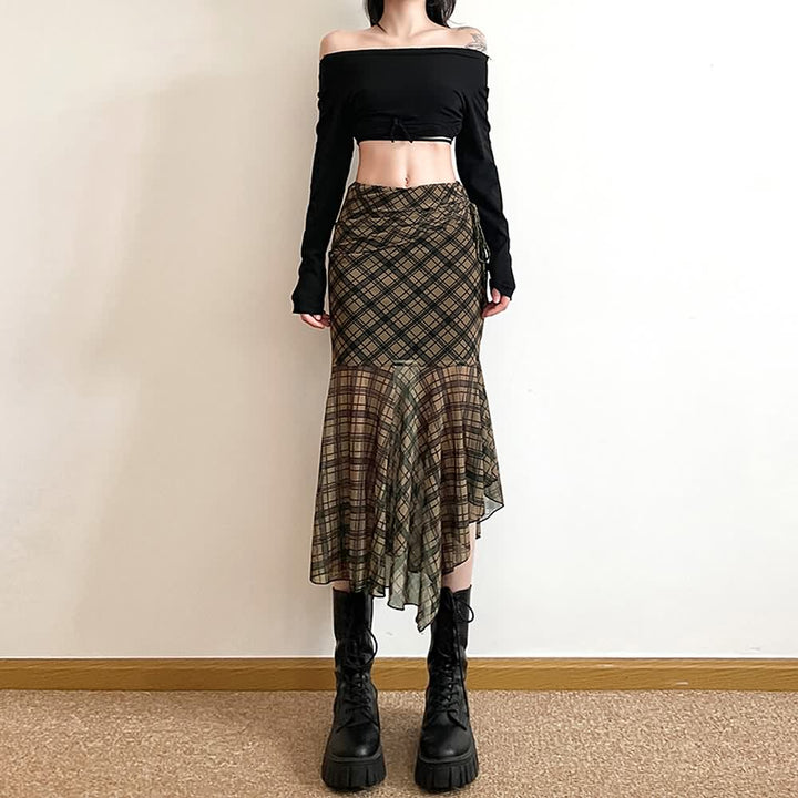 Gothic Grunge Plaid Asymmetrical Midi Skirt - Vedlit