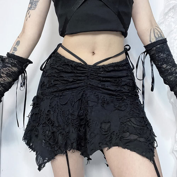 Gothic Grunge Ruched Distressed Mini Skirt - Vedlit