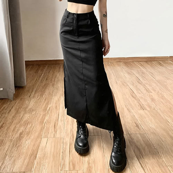 Gothic Grunge Slit Midi Skirt - Vedlit