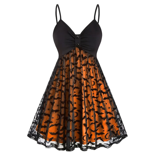 Gothic Halloween Bat Lace Overlay Dress - Vedlit