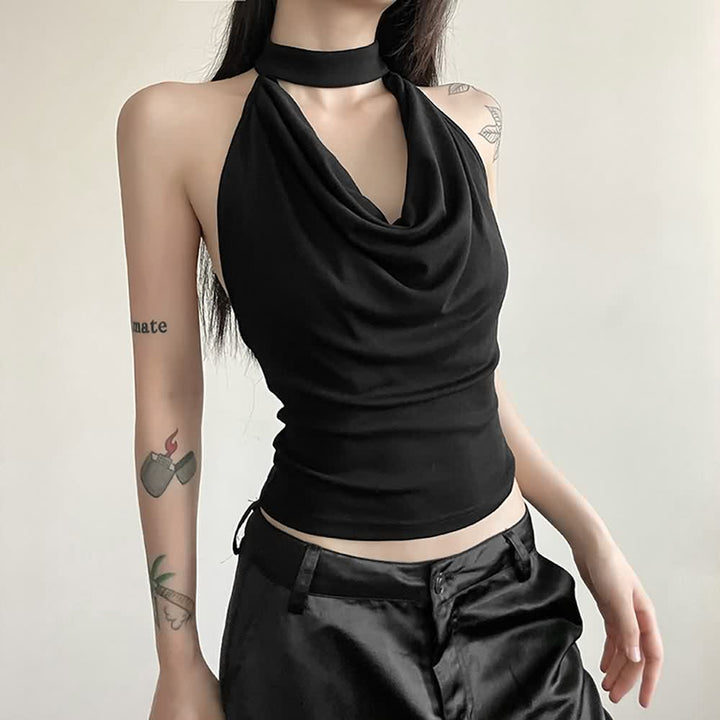 Gothic Halter Open Back Sleeveless Crop Top - Vedlit