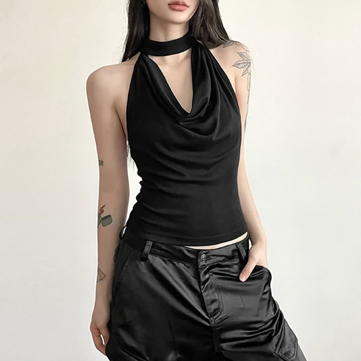 Gothic Halter Open Back Sleeveless Crop Top - Vedlit