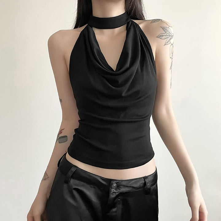 Gothic Halter Open Back Sleeveless Crop Top - Vedlit