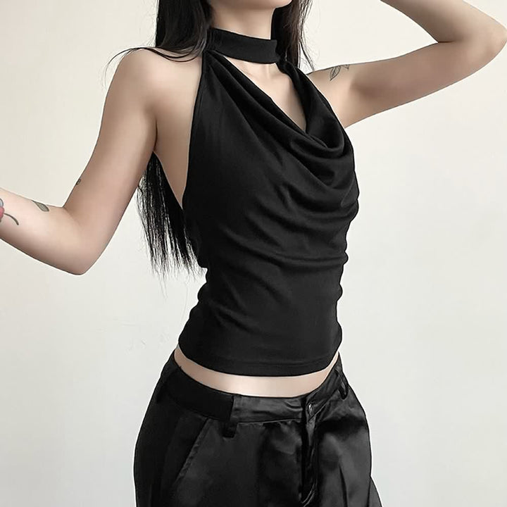 Gothic Halter Open Back Sleeveless Crop Top - Vedlit