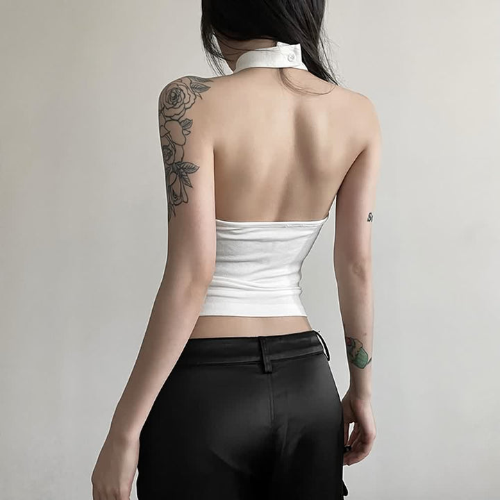 Gothic Halter Open Back Sleeveless Crop Top - Vedlit