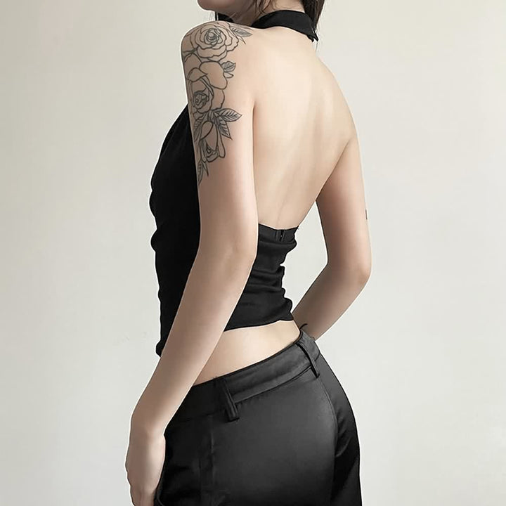 Gothic Halter Open Back Sleeveless Crop Top - Vedlit