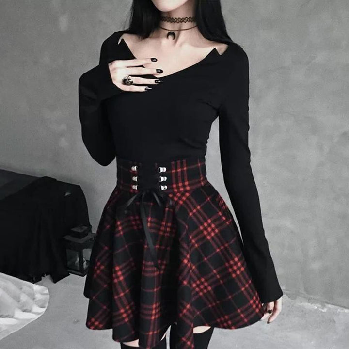 Gothic Harajuku Red Black Plaid Mini Skirt - Vedlit