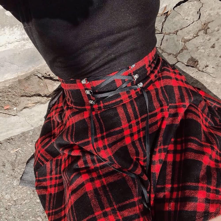 Gothic Harajuku Red Black Plaid Mini Skirt - Vedlit