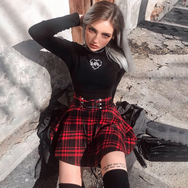 Gothic Harajuku Red Black Plaid Mini Skirt - Vedlit