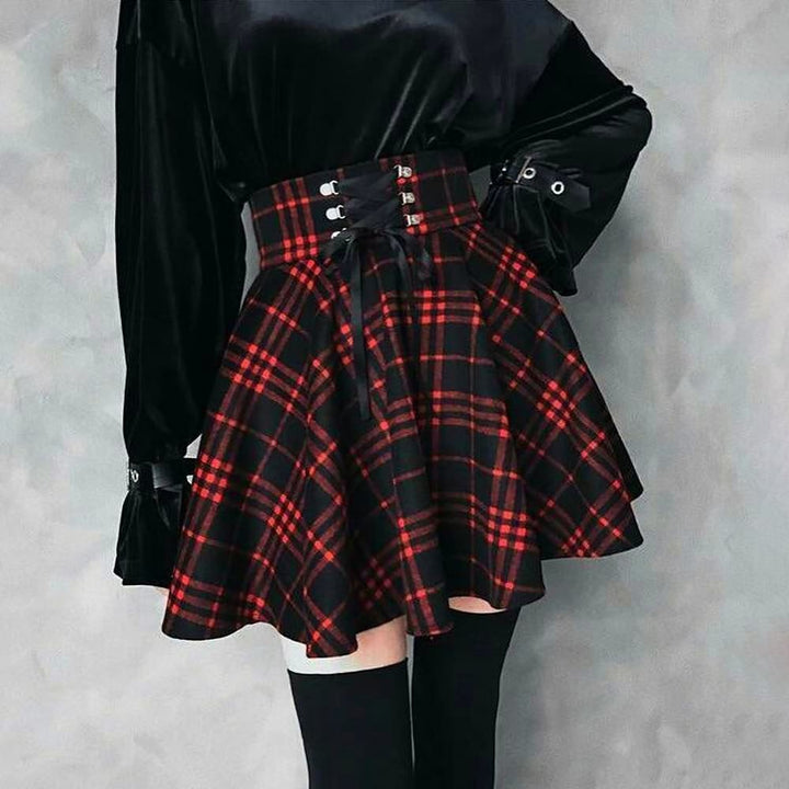 Gothic Harajuku Red Black Plaid Mini Skirt - Vedlit