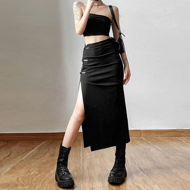 Gothic High Waisted Split Midi Skirt - Vedlit