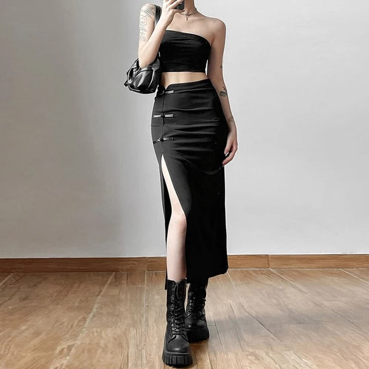 Gothic High Waisted Split Midi Skirt - Vedlit