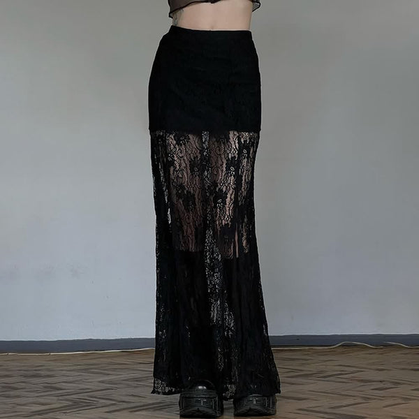 Gothic Lace Overlay Slit Maxi Skirt - Vedlit