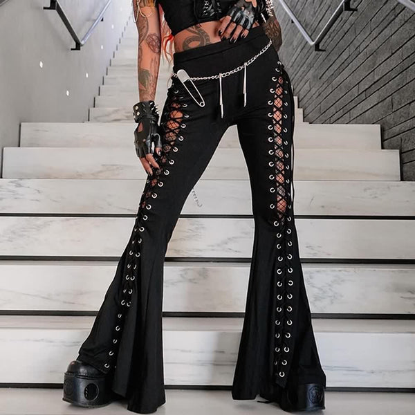 Gothic Lace Up Cut Out Flare Pants - Vedlit