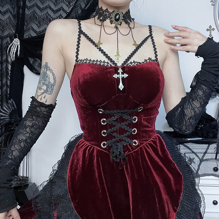 Gothic Lolita Lace Trim Velvet High Low Tiered Dress - Vedlit