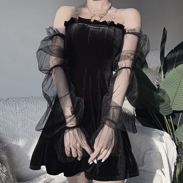 Gothic Mesh Lantern Sleeve Velvet Off Shoulder Dress - Vedlit