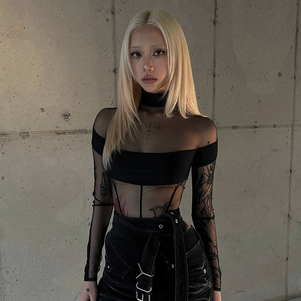 Gothic Mesh Off Shoulder Sheer Panel Bodysuit - Vedlit
