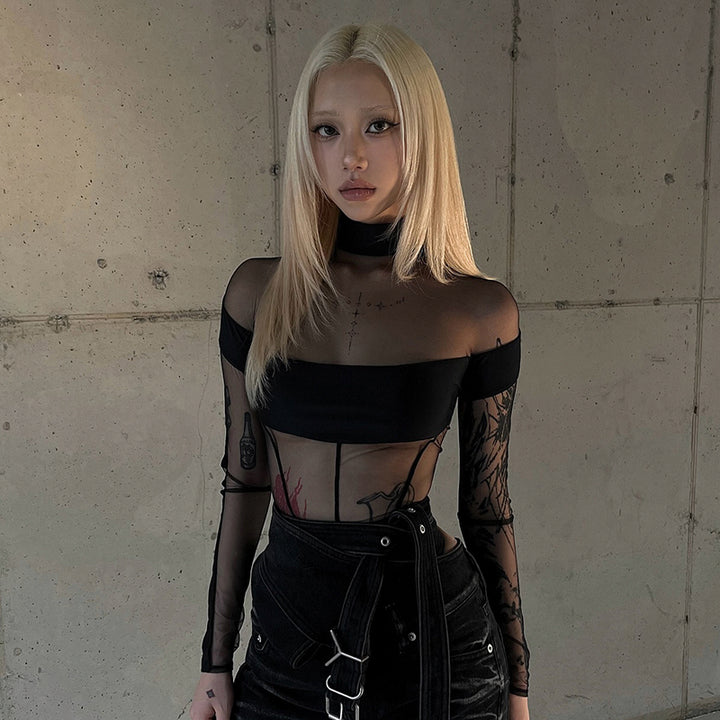 Gothic Mesh Off Shoulder Sheer Panel Bodysuit - Vedlit