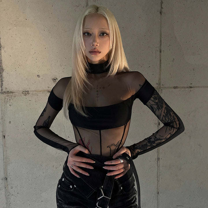 Gothic Mesh Off Shoulder Sheer Panel Bodysuit - Vedlit