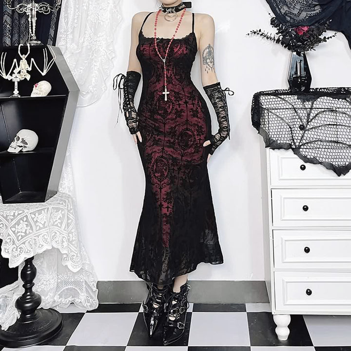 Gothic Mesh Overlay Sleeveless Midi Dress - Vedlit