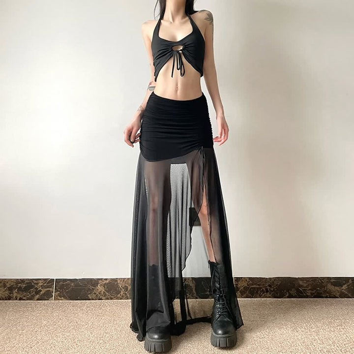 Gothic Mesh Ruched Slit Maxi Skirt - Vedlit