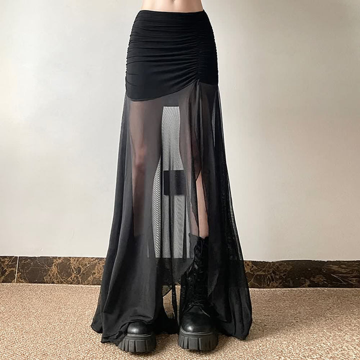 Gothic Mesh Ruched Slit Maxi Skirt - Vedlit