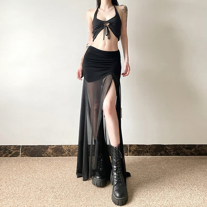 Gothic Mesh Ruched Slit Maxi Skirt - Vedlit