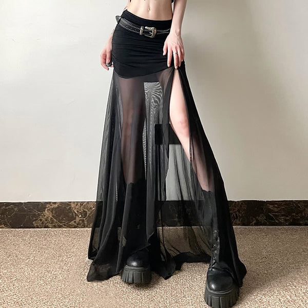 Gothic Mesh Ruched Slit Maxi Skirt - Vedlit