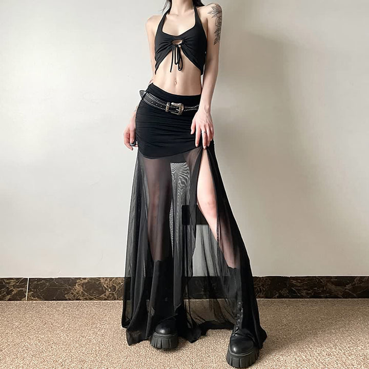 Gothic Mesh Ruched Slit Maxi Skirt - Vedlit