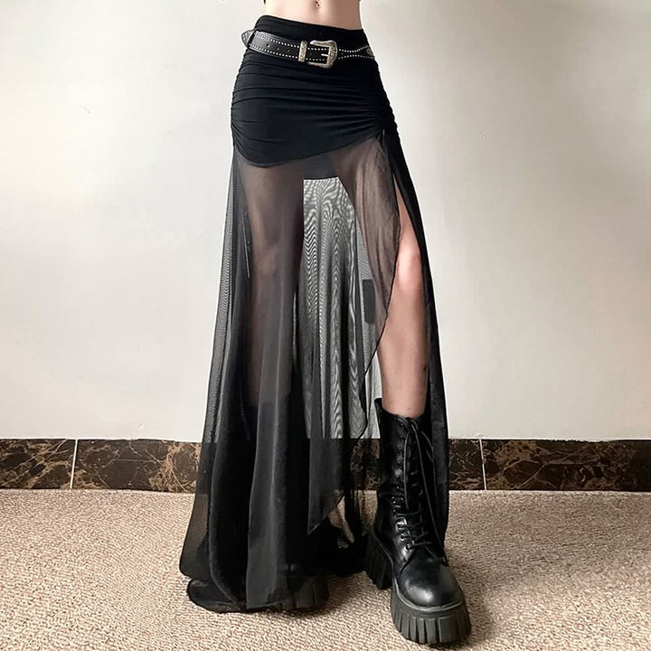 Gothic Mesh Ruched Slit Maxi Skirt - Vedlit