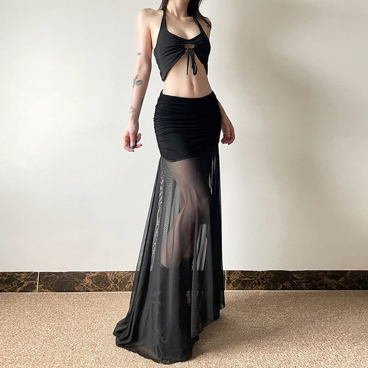 Gothic Mesh Ruched Slit Maxi Skirt - Vedlit