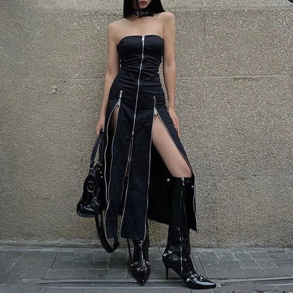 Gothic Off Shoulder Zip Front Slit Midi Dress - Vedlit