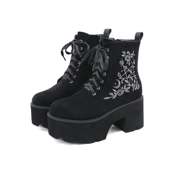 Gothic Pentagram Rose Platform Boots - Vedlit