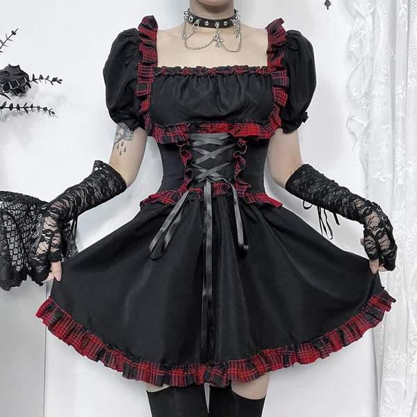 Gothic Puff Sleeve Plaid Ruffle Mini Dress Dress - Vedlit