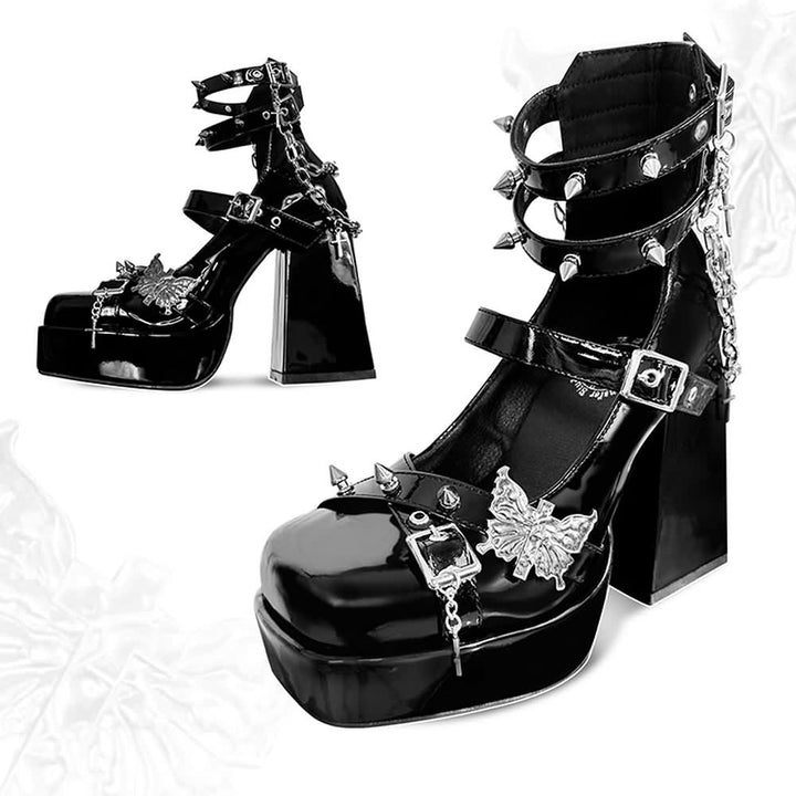 Gothic Punk Butterfly Chunky Platform High Block Heels - Vedlit