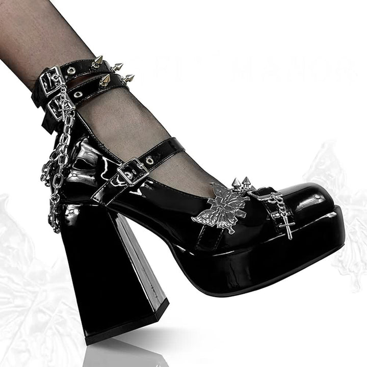 Gothic Punk Butterfly Chunky Platform High Block Heels - Vedlit