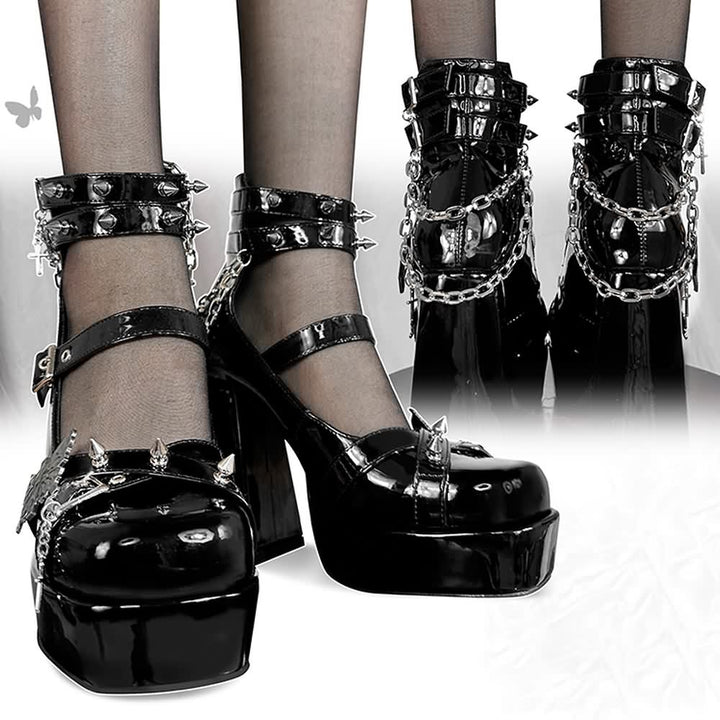 Gothic Punk Butterfly Chunky Platform High Block Heels - Vedlit